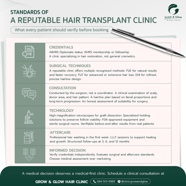 Infographic outlining the six standards that define a reputable hair transplant clinic