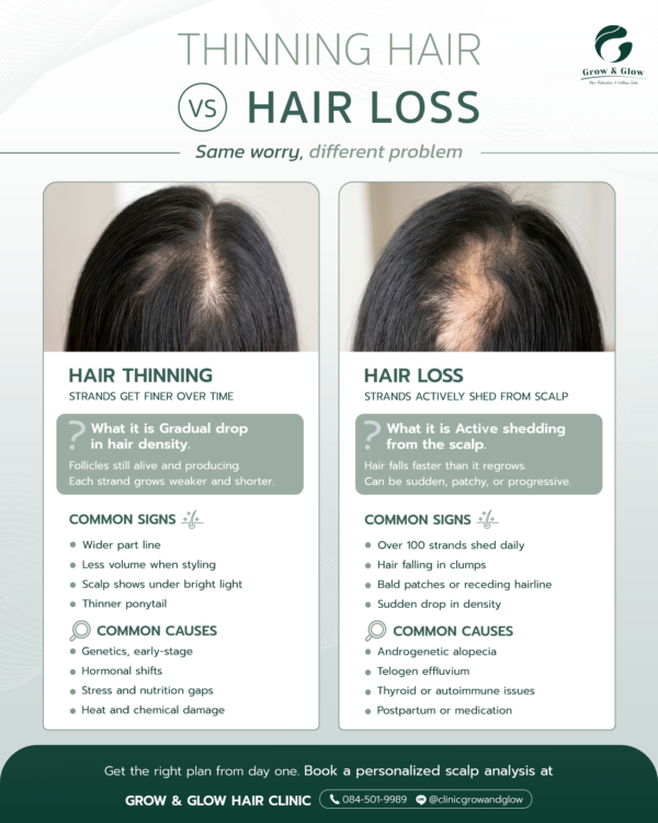 Infographic comparing thinning hair vs hair loss with signs, causes