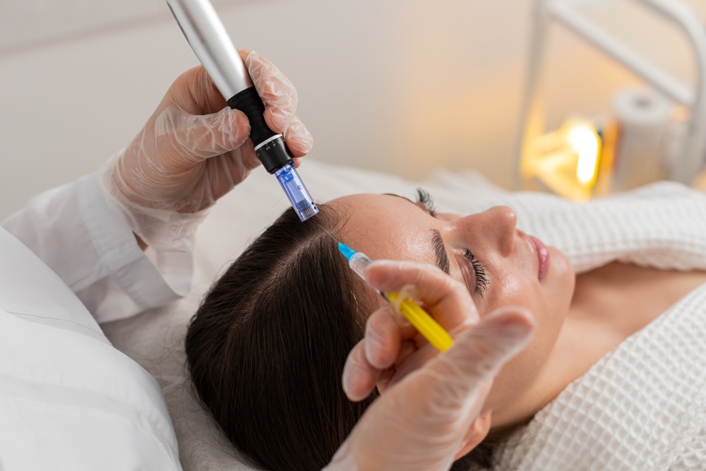 A young woman undergoing an exosome hair treatment at a clinic.