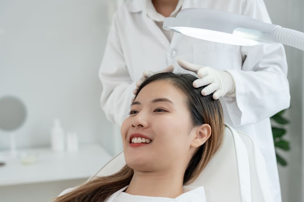 Doctor examining scalp for hair transplant thailand.