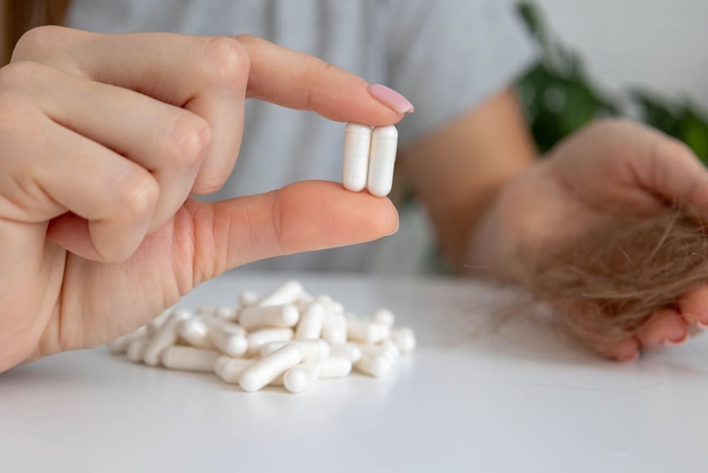 Oral minoxidil for hair loss capsules held in hand with fallen hair.